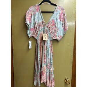 Women’s Celina boho floral mini dress w/drawstring V-neck and half sleeves, NWT